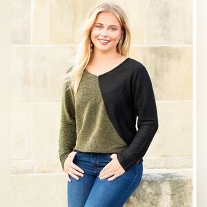 V Neck Shimmer Color Block Top